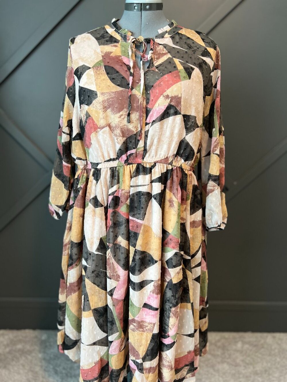 Women's long-sleeve geometric colour print elastic-waist dress